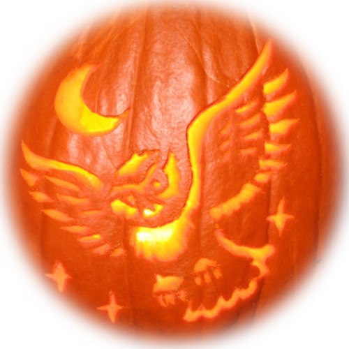 Look at this skillful owl carving on a pumpkin.