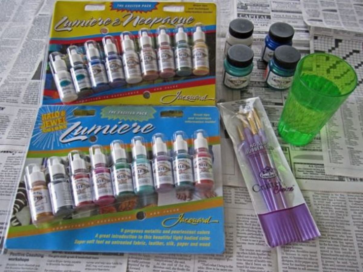 Photo of Jacquard Lumiere and Neopaque acrylic paints and Crafter's Choice brushes.