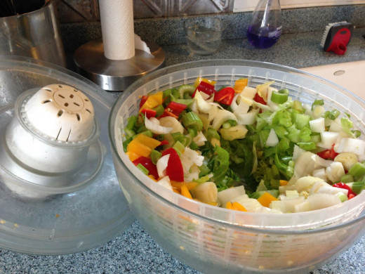 My salad is ready to go into the fridge right in the salad spinner.