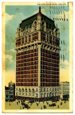 An historic postcard of the Adolphus Hotel, Dallas, Texas.  Postcards are a great source of "period" information.