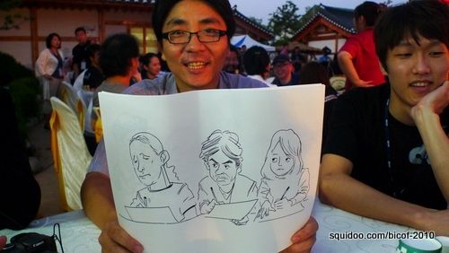 Korean manhwa comic creator Jung Chul's sketch of Reima, Arnold and myself sketching the nude models.