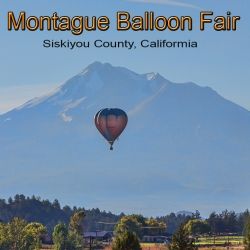 A hot air balloon with Mount Shasta in the background.