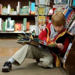 Child reading at Brookline Booksmith
