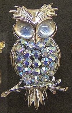 vintage owl pin - Coro - lavender blue Aurora Borealis rhinestones on body - cabachon eyes