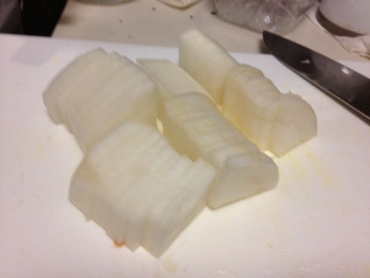 The daikon cut up into bite-sized pieces.