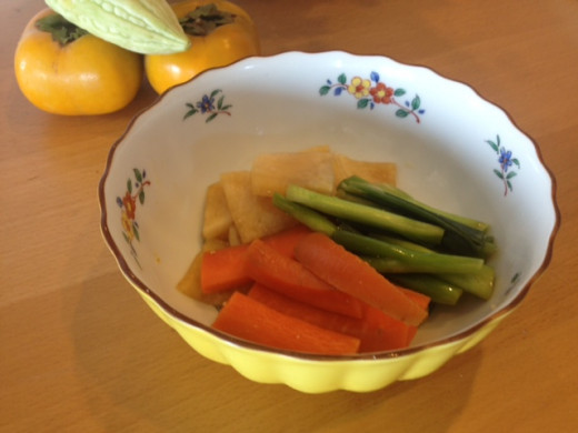 My three varieties of quick miso pickled vegetables using carrots, daikon and Japanese leeks.