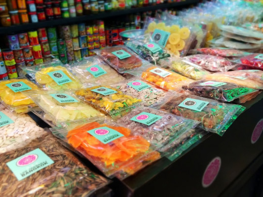 An array of dried fruits in a family-run shop in Chinatown.