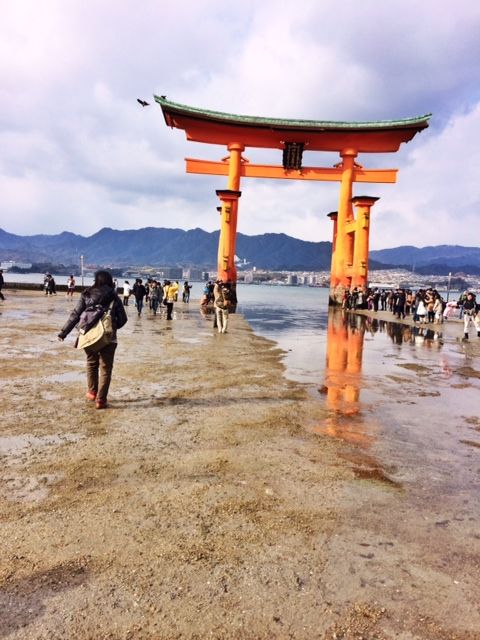 During low tide, you can walk up to the torii gate. This was around 10 AM.