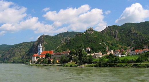 A view of Dürnstein as seen from the banks of the Danube