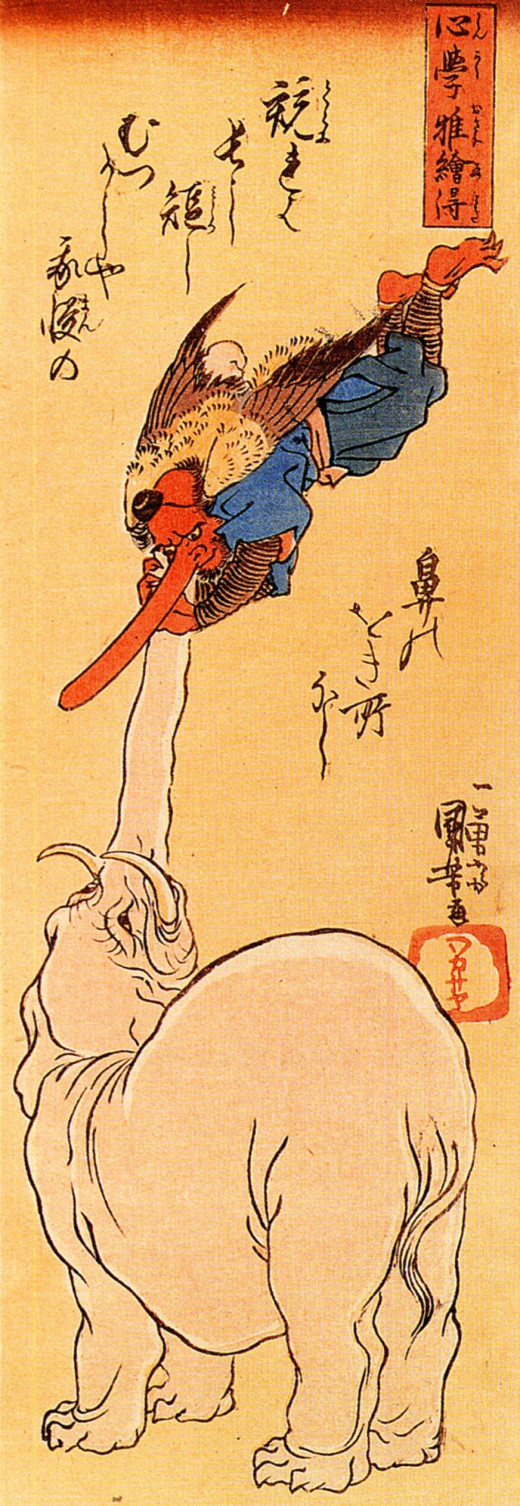 Elephant catching a flying tengu. Image in public domain.