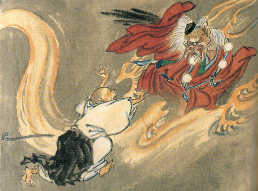 A Tengu and a Buddhist monk by Kawanabe Kyosai. Image in public domain and PD-23 in the United States, published before 1923.