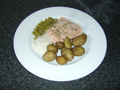 White Wine Steamed Salmon with Horseradish Sauce and Baby New Potatoes