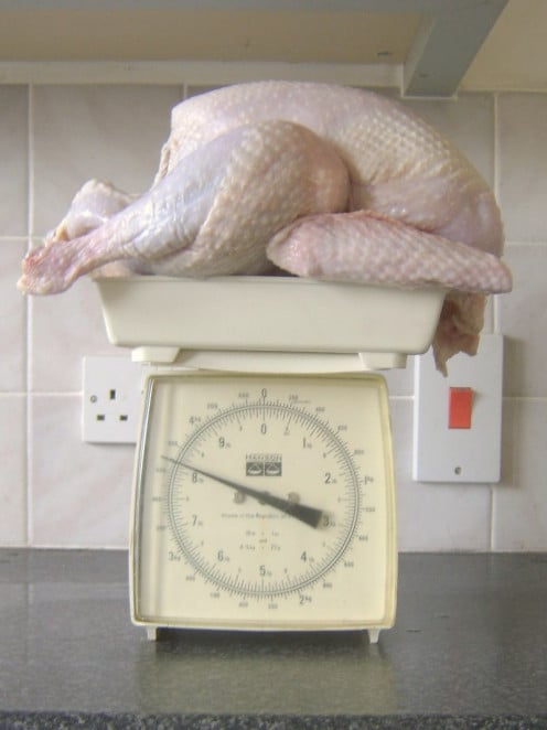 Turkey is weighed after it is prepped and stuffed
