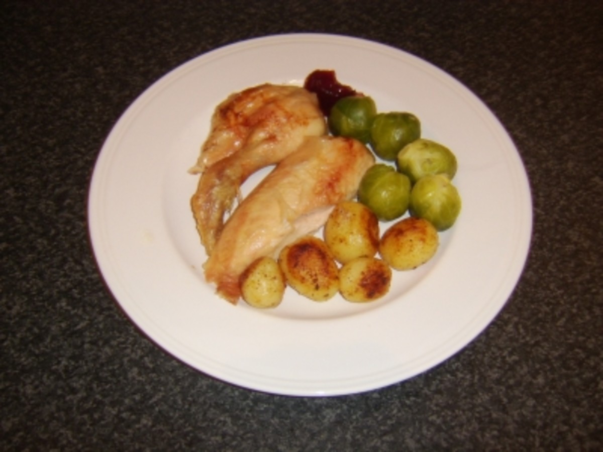Sage and Onion Roast Chicken with Roast Potatoes and Brussels Sprouts