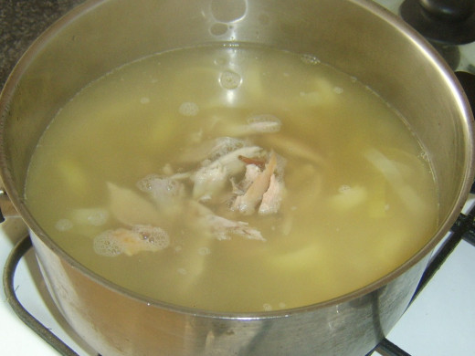 Turkey meat is added to soup