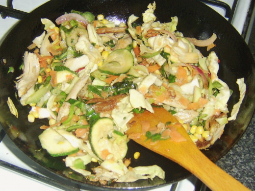 Vegetables are stir fried with turkey thigh meat