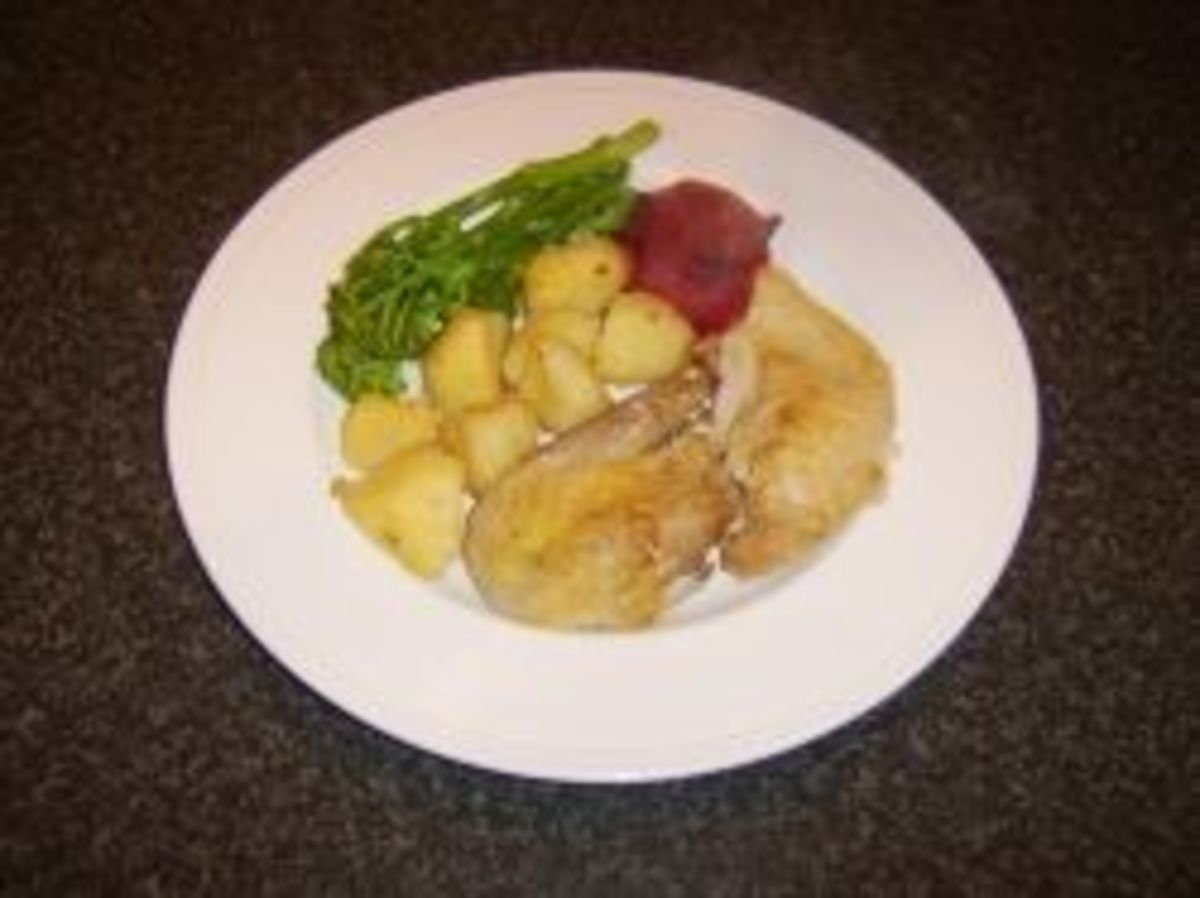 Roast Guinea Fowl, Plum Sauce and Roast Potatoes with Tender Stem Broccoli
