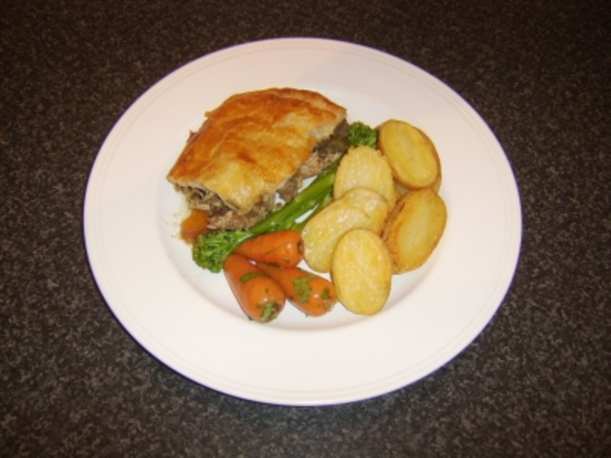 Venison and Guinea Fowl Game Pie with Roasted Potatoes, Chantenay Carrots and Tender Stem Broccoli