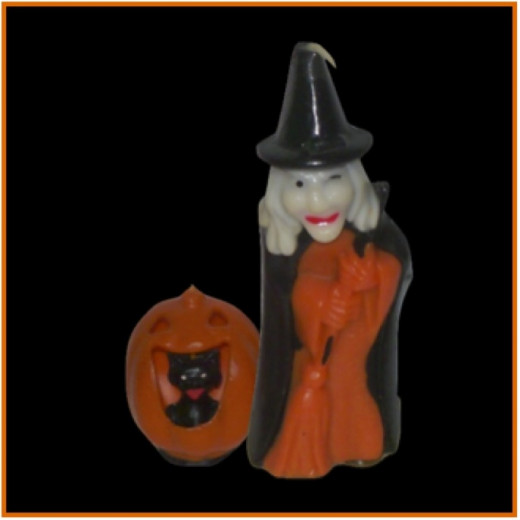 Two more Halloween candles - Love the black cat inside the jack-o-lantern and the ornery old witch