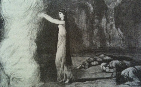 Illustration from The Graphic showing Ayesha about to enter the Pillar of Fire.