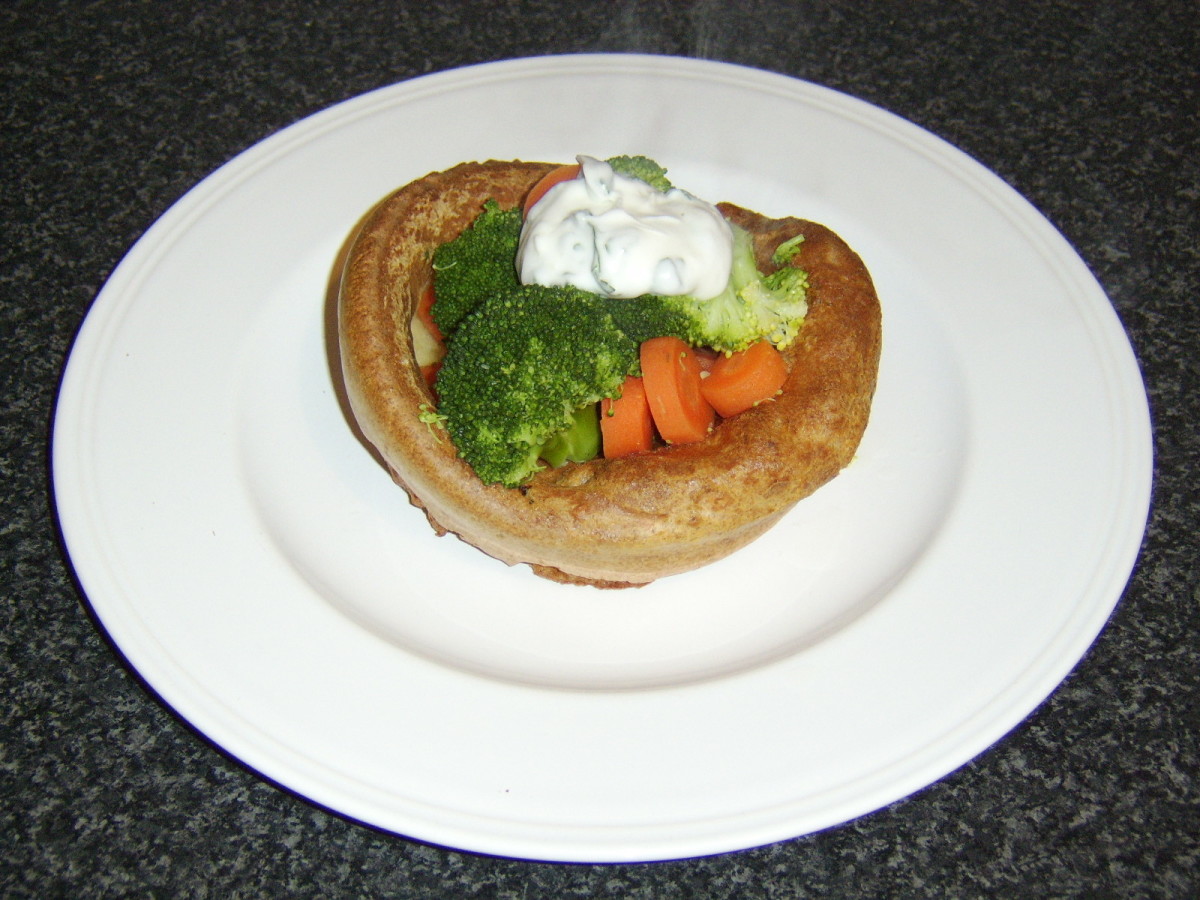 Poached Vegetables in a Giant Yorkshire Pudding