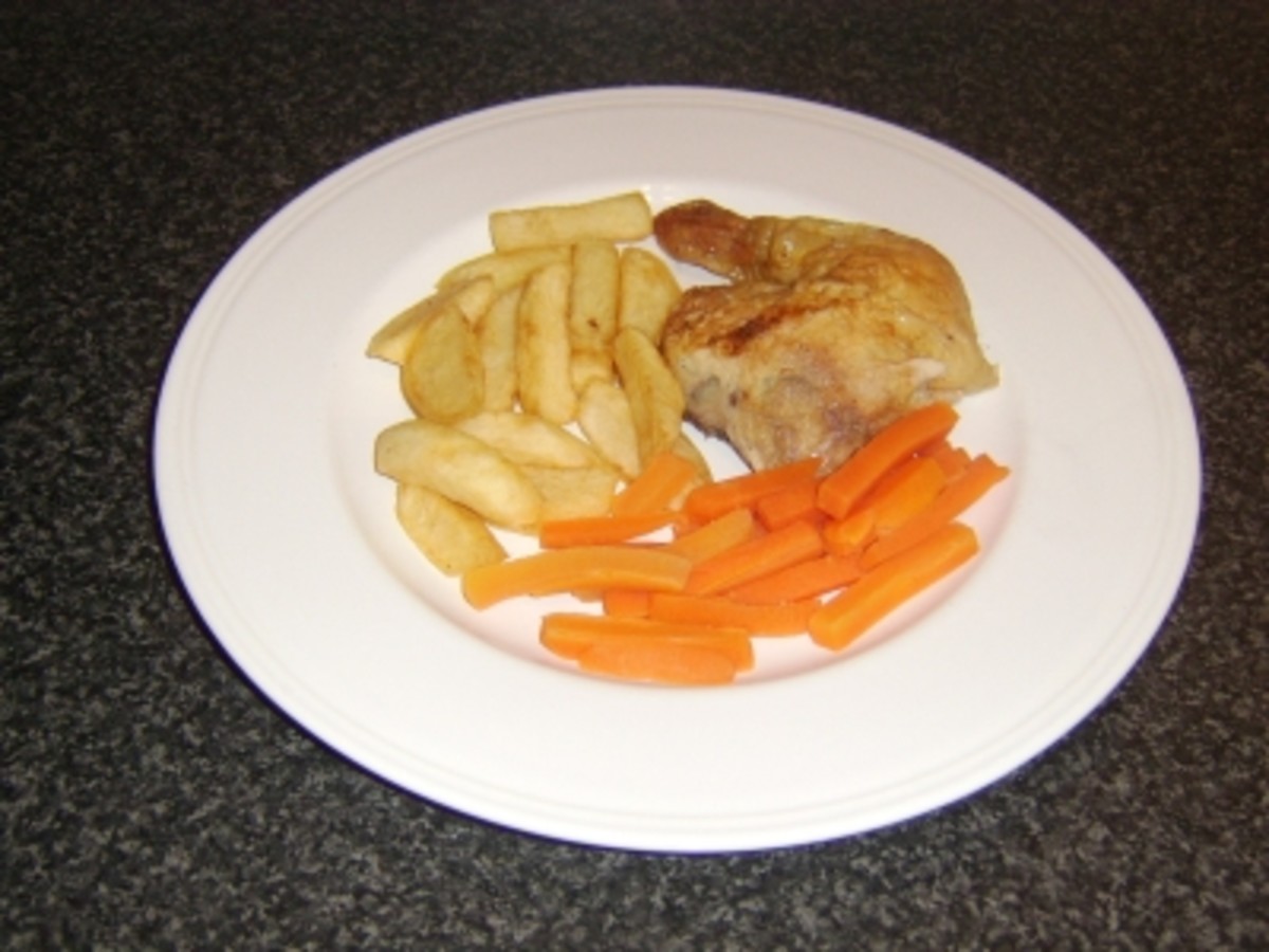 Roast Chicken Leg, Chips and Carrots