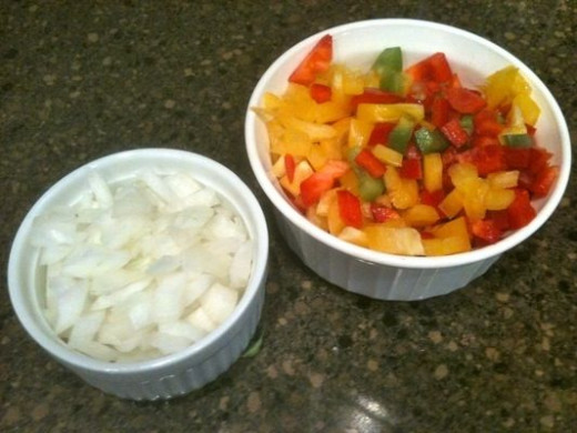 The peppers and onions are chopped and ready to use.