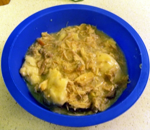 Here is a bowl of the Chicken and Dumplings. It tasted really good. I would change one thing though. I would double the first 3 ingredients to give it more gravy. Hubby agrees. I would also use another type of pot.