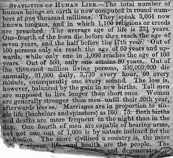 Statistics of Human Life and World Population published in a Victorian Newspaper