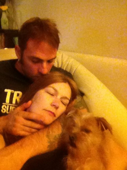 Sleeping me!  Dax usually forces his way in.  Photobomb!