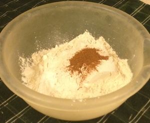 Whisk Together Dry Ingredients: Flour, Baking Powder, Cinnamon, and Nutmeg. Set Aside.