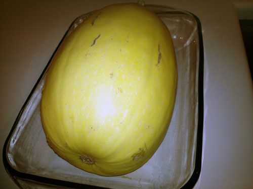 Place in a shallow baking dish. Poke several holes with a sharp knife all over the squash. Bake for 1 hour and 20 minutes at 375 Degrees (F).