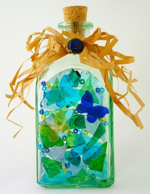 Mosaic Glass Bottle made with Stained Glass Cobbles and Beads