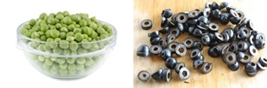 Get the bowl with the sweet peas and sliced olives out and add them to the salad bowl.