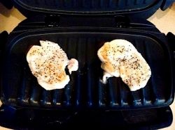 Chicken only takes minutes to cook and the grill cuts the fat, as it all drains down into the tray that you place underneath at the front.