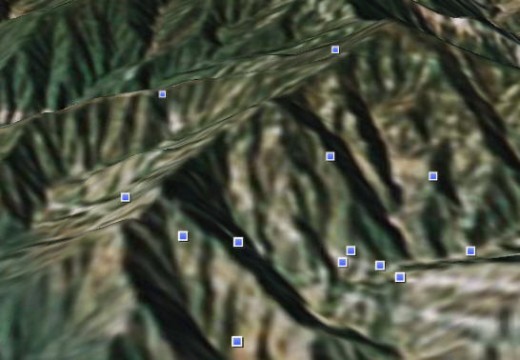 The combat area of Korangel Valley. Blue aquares are villages.