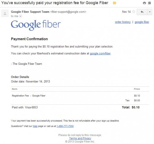 Google Fiber registration confirmation email