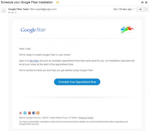 Google Fiber request to schedule an installation