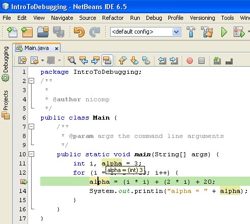 Figure 06 - The current value of the variable alpha is displayed by Netbeans