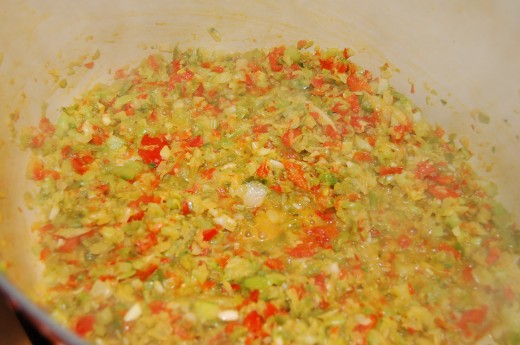 Cook Onions, Peppers, Celery and Garlic Slowly Until Soft
