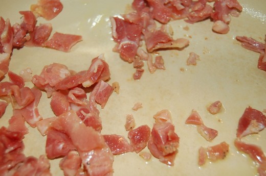 Cook your Ham or Bacon for about 3 minutes until tender and fat is rendered Cook your Ham or Bacon for about 3 minutes until tender and fat is rendered