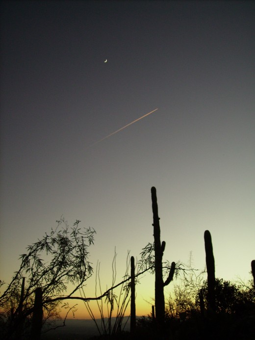 Dusk at Finger Rock Trail Head with crescent moon and contrails of a jet overhead.