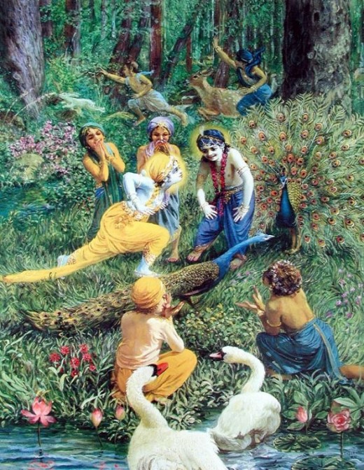 "Krsna Plays" Copyright BBTKrishna plays with his cowherd boy friends, imitating the forest animals.