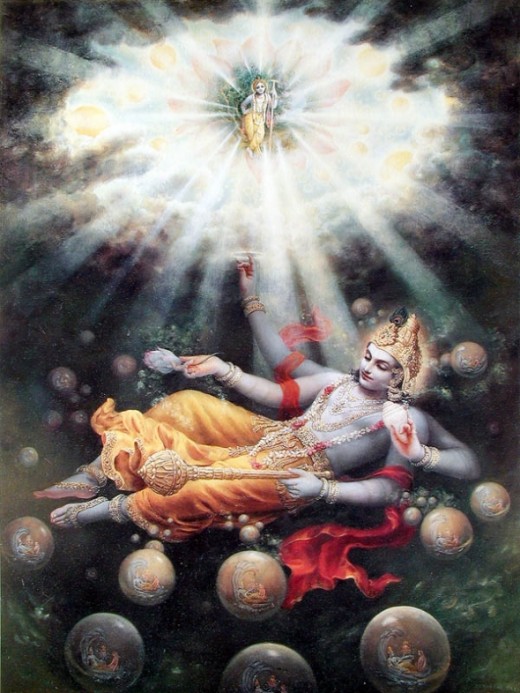 "Maha Vishnu at the time of creation" Copyright BBTBeautiful creation story, showing Vishnu creating the universes by his breathing alone. Above, Krishna reigns supreme over even Vishnu.