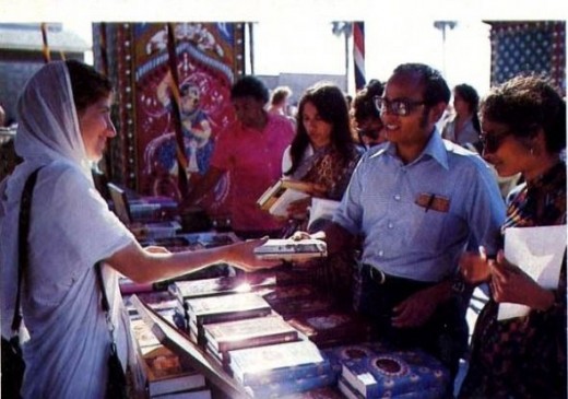 Distributing the books of "Srila Prabhupada", Srila A.C. Bhaktivedanta Swami Maharaja, in the 1960s/70s