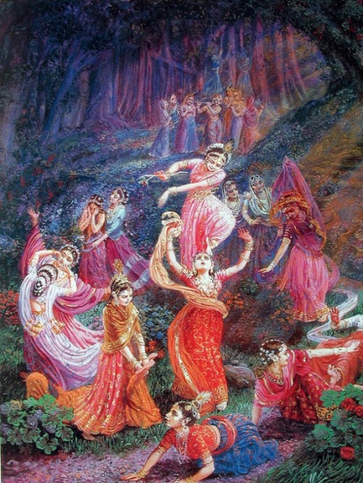 The cowherd maidens of Vrndavana village glorify Krishna's mystical pastimes