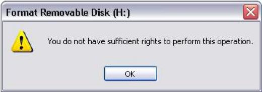 The affected pen drive show the message "You do not have sufficient rights to perform this operation.