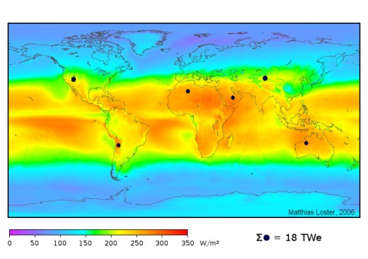 Average solar irradiance across the world, show in watts per square metre per 24 hours