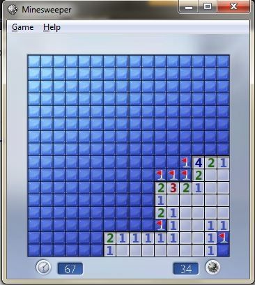 Step four: more mines found and flagged. Logic is the same. Search for squares, where the number of covered adjacent tiles is equal to number of mines that need to be found nearby. Note that number of mines to be found on the whole board decreases as