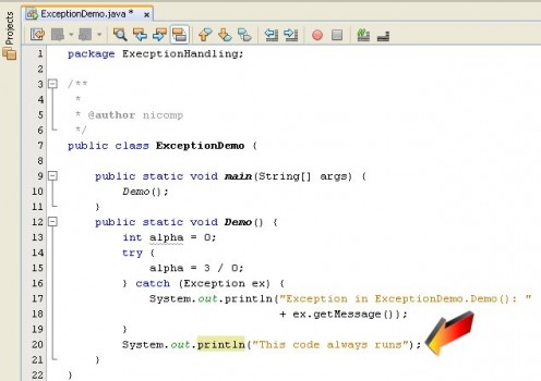 Figure 05 - Our example program with more code added. The code beyond the try/catch block will always be executed.